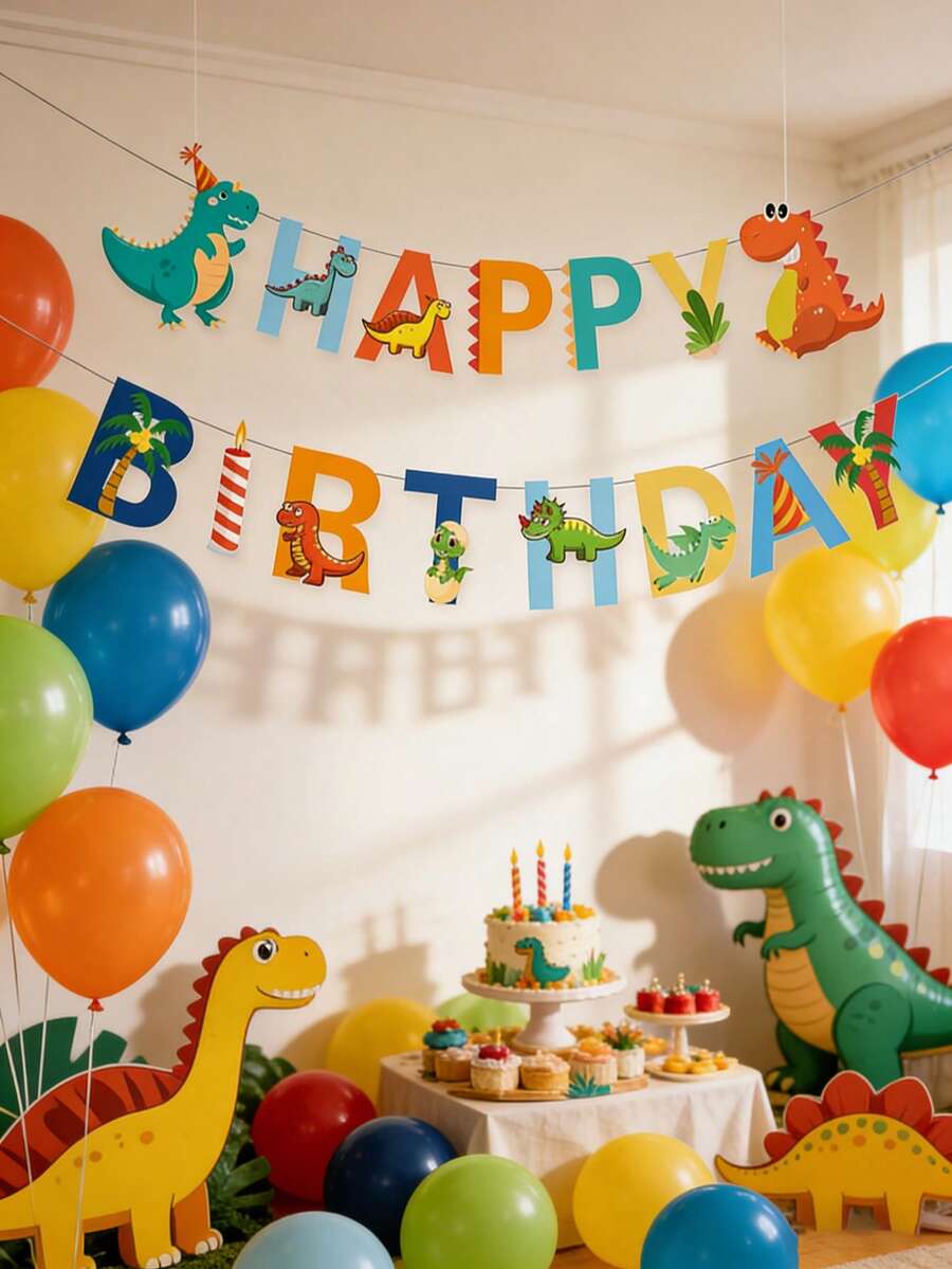 一套恐龙主题生日派对装饰横幅，恐龙主题生日派对装饰花环横幅，适合一周岁生日派对背景装饰、婴儿派对装饰、性别揭晓派对装饰、家居装饰、房间装饰、一周岁男孩生日派对用品、恐龙派对装饰、派对礼品