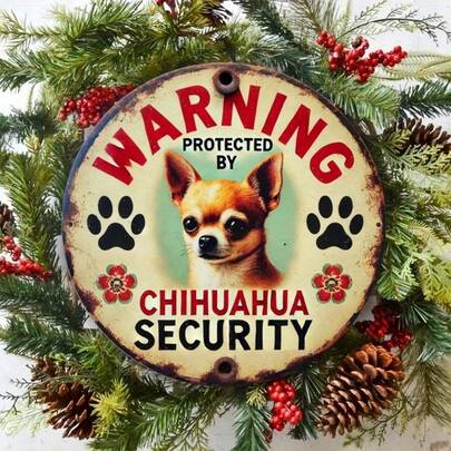 1pc Vintage Chihuahua Guard Warning Sign, 19.81x19.81cm Iron Wall Hanging, Classic Style Decor Board, Weather-Resistant HD Printing, Suitable For Entrance, Home, Office, Kitchen, Party Decoration, Holiday Gift, Random Hole Position