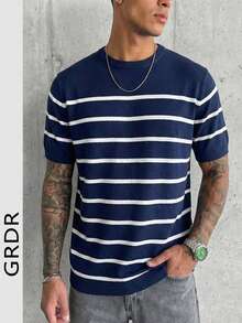 GRDR Men's Summer Knit Striped Short Sleeve Sweater, Versatile For Summer Socializing And Dining - Navy Blue - View 6