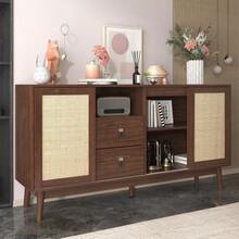 Buffet With 3 Sliding Doors In Genuine Rattan And 2 Drawers, 155 X 38 X 80 Cm, Breathable, Stable And Versatile - Camel - View 2