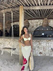 New Arrival Spring/Summer Vacation Beach Party Pale Blue Elegant Sexy 3-Piece Bikini Set: Underwire Bandeau Top + Ombre Print Maxi Skirt - Multicolor - View 7