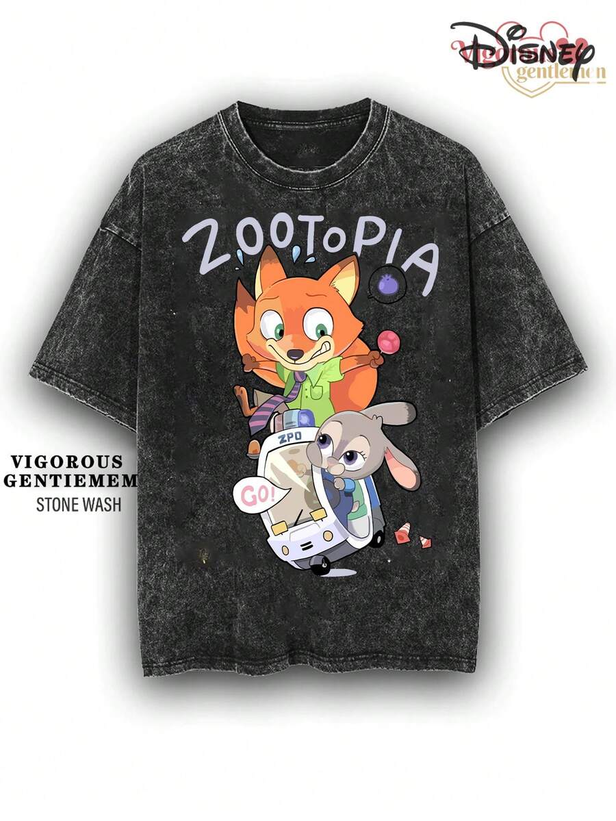 Disney Zootopia Judy & Nick Graphic Vintage Stone Wash T-Shirt, Retro Streetwear Tee - 黑色 - 查看 1