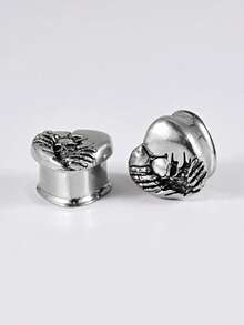 1对朋克复古不锈钢分叉心形无花果骷髅耳洞耳扩耳扩加强穿孔扩张腰部鞍形耳环日常佩戴 - 1對心形鬼頭耳擴 - 查看 16