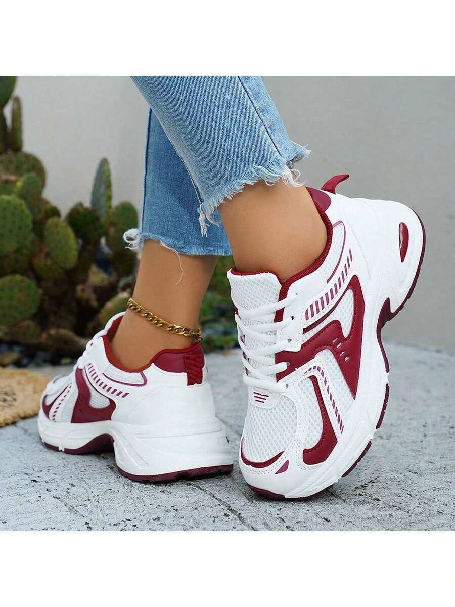 Women's New Thick Sole Sneakers, Lightweight Casual Shoes, Small White Shoes, Tennis Shoes, Versatile Running Shoes, Cute & Fashionable Lightweight Chunky Sneakers - Trắng Đỏ - Xem 1
