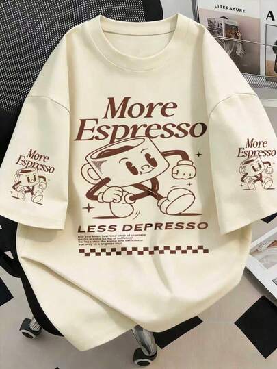 Women's Spring Outfit, Summer Clothing, Women's Vacation Wear, Espresso Coffee Club Graphic Print Round Neck Short Sleeve T-Shirt, Casual Summer Style