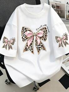 女士圆领休闲长袖短袖圆领印花豹纹蝴蝶结弹力面料夏季上衣 白色 - 白色 - 查看 1