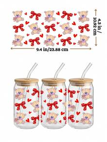 4件套法国斗牛犬蝴蝶结UV DTF转印贴纸，适用于16盎司Libbey玻璃杯（9.4x4.3英寸），可爱法斗犬泰迪熊红色粉色丝带防水包装纸，情人节DIY贴纸，无需加热 - Valentine 002 - 查看 4