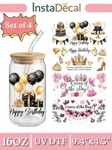 4件套生日快乐女王UV DTF转印贴纸，适用于16盎司Libbey玻璃杯（9.4x4.3英寸），黑色金色气球皇冠高跟鞋防水贴纸，魅力派对DIY贴纸，无需加热 - 生日 - 查看 9
