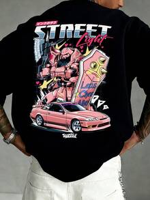 Fractyr Men's Fashionable Casual Street Style Rock & Hip Hop Loose Fit Short Sleeve T-Shirt | Racing Car & Mechanical Robot Element Printed | Exquisite Design | Essential Spring/Summer Item | Versatile All-Match Style | Best Gift For Friends | Showcase Unique Personality - Hitam - View 2