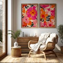 Wall Decoration, Retro Poster, Pink Orange Abstract Floral Artwork, Flower Market Print, Bohemian Floral Art Collection, Floral Dormitory Wall Decoration, Stylish Floral Print Wall Decor. Optional Frame - Multicolor - View 3