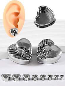 1对朋克复古不锈钢分叉心形无花果骷髅耳洞耳扩耳扩加强穿孔扩张腰部鞍形耳环日常佩戴 - 1對心形鬼頭耳擴 - 查看 9