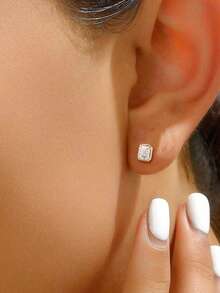 1对S925纯银耳骨钉，简约优雅，清新时尚，日常佩戴耳环，女士礼物 - 方形 - 查看 5