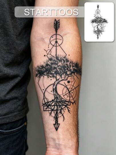STARTTOOS Large Floral Arm Tattoo Sticker - Minimalist Black Tree Of Life, Courage Arrow, Geometric Pattern Temporary Fake Tattoo, Suitable For DIY, Anime Convention, Carnival, Music Festival, Valentine's Day, Party, Gift, Waterproof Realistic Tattoo Sticker For Sexy Thigh, Chest, Abdomen, Back, Shoulder, Neck, Collarbone