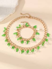 1/2pcs Fashion Sweet Lily Of The Valley & Leaf Necklace Earrings Jewelry Set, Suitable For Daily, Date, Vacation, Party - Yellow Gold - View 2