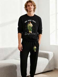Men's Printed Sweatpants And Sweatshirt Set,Jesus Pullover,Spanish Christian Faith Unisex Pullover,Versatile For Daily Casual Wear, Weekend Outings, Hangouts With Friends, Traveling And More. This Matching Set Is An Essential Wardrobe Staple For Men And Makes A Great Gift For Boyfriends Or Husbands, Fall Clothes - 黑色 - 查看 2