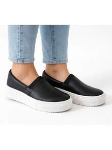 Women's Casual PU Leather Slip-On Sneakers For School And Outdoor Activities - màu đen - Xem 2