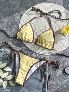 女士比基尼泳装，条纹、波点、纯黄色，休闲泳装，内置胸罩吊带背心上衣，适合度假、海滩，优雅套装，适合女士派对、度假村、都市海滩之旅，波西米亚风格，春夏海滩装 - 黃色 - 查看 3