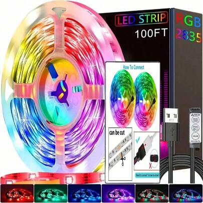 98英尺/65英尺/50英尺/32.8英尺/16.4英尺 RGB LED灯带，适用于卧室、房间、家庭派对装饰，也适用于家居装饰、客厅、卧室、电视背景墙（无遥控器，按钮在数据线上）