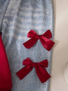Girls Casual Solid Color Bow Decor Long Sleeve Top And Pants 2 Pieces Set, Regular Fit, Suitable For Spring And Autumn - Burgundy - View 8