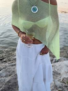 SEREN Women's Summer New Green Sexy Single Shoulder Top, Casual Thin Irregular Hem See Through Women's Sun Visor, Loose Beach Vacation Style Women's Knitted Top, Women's Beach Clothing Beach Wear, Music Festival, Vacation, Bohemian, Sexy, Women's Sun Visor, Women's Beach Wear, Summer Clothing, Summer Top, Women's Summer Clothing,Holiday Outfits,Summer Vacation Outfits,Vacation Outfits For Women - Green - View 2