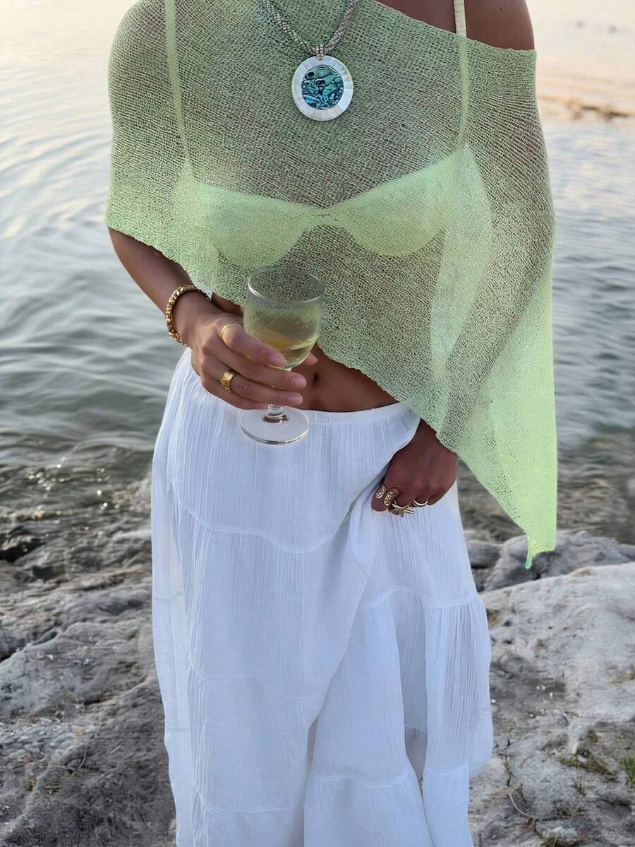 SEREN 女士夏季新款绿色性感单肩上衣，休闲薄款不规则下摆透视女士遮阳帽，宽松沙滩度假风女士针织上衣，女士沙滩装，音乐节，度假，波西米亚风，性感，女士遮阳帽，女士沙滩装，夏季服装，夏季上衣，女士夏季服装，假日装扮，夏季度假装扮，女士度假装扮 - 綠色 - 查看 1