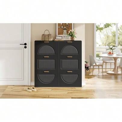 Moderner Schuhschrank, Mit 6 Klappenfächern, Freistehendem Schuhregal, Offenen Ablageflächen, Geeignet Für Eingangsbereich Oder Flur, Schwarz, Masse: B118/H115/T25 Cm