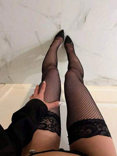 1 Pair Sexy Lace Trim Fishnet Thigh High Stockings, Suitable For Nightclub And Lingerie Wear