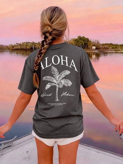 Women's Summer New Palm Tree Pattern And Letter Print Round-Neck Short-Sleeve T-Shirt, Casual Loose Versatile Top, Stylish Daily Wear