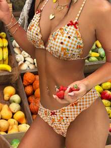 2pcs Lemon Yellow Plaid Print With Red Bow Swimwear Set, Removable Swimsuit Pads, Beach/Pool Holiday Outfits For Women - Orange - View 15