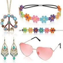 5pcs/Set Hippie Style Accessories Set, Peace Sign Necklace, Daisy Earrings, Flower Headband, Fashion Glasses - Blue - View 13