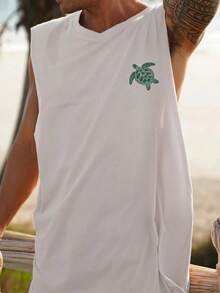 男士休闲宽松圆领背心，海洋主题海龟图案印花 - 白色 - 查看 3