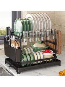 Bộ giá phơi bát đĩa 2 tầng màu đen trắng đặt trên bồn rửa - Có thể tháo rời, dung tích lớn, kèm khay thoát nước và giá đựng dụng cụ. - Nhiều màu - Xem 4