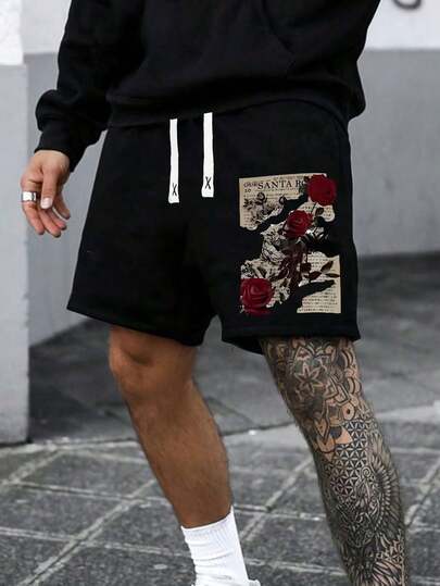 Summer New Arrival Men's Shorts Retro Style Newspaper Red Rose Elastic Waist Drawstring Pants Fitness Running Travel Vacation Outdoor Camping Men's Shorts