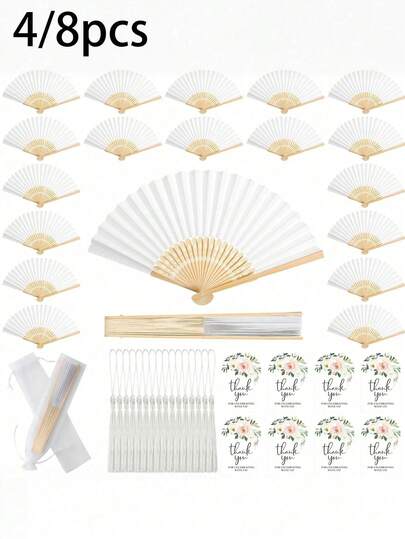 4/8pcs Bohemian Bamboo Wedding Fans With Thank You Cards, Tassels & Gift Bags Suitable For Wedding Guest Favors,Wedding Bridal Hand Fan And Fan Storage Bag,Wedding Fans, Hand-Painted Diy Folding Fans, Solid Color Paper Fans,Hand Fan For Women, Bridal Shower Party Decorations, Stacked Handheld Cooling Blowers For Ceremonies, Tournaments,Engagements, Bride And Bridesmaid Gifts,Valentine's Day