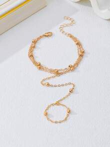 1pc Multi-Layer Stacking Bead Chain Finger Ring, Fashionable Backhand Jewelry, Suitable For Daily Wear, Dates, And Photo Shoots. Handmade Chain With Random Bead Quantity And Length - Gold - View 2