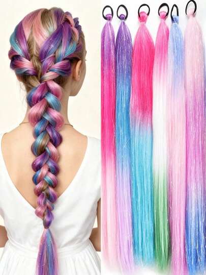 2pcs/Set 26-Inch Colorful Ponytail Hair Extensions, Pink, Purple, Blue Ombre Ponytail Hair Ties, Crazy Hair Day, Colored Hair Ties For Women, Holiday/Party Hairstyles, Ombre Ponytail