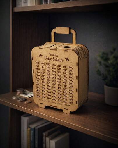 Alcancía de Madera MDF Tipo Maleta con Tabla de Ahorro $30,000 – Caja para Ahorrar Dinero con Reto Visual, Decoración para Hogar, Oficina o Regalo Original para Viajes