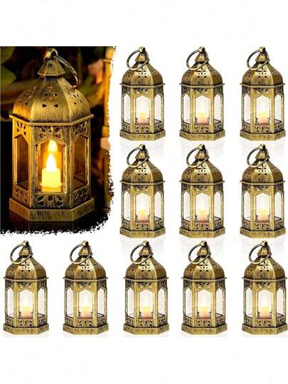 8个迷你灯笼，内置闪烁LED蜡烛，古铜色复古悬挂式烛台灯笼，适用于婚礼装饰、婴儿派对、餐桌摆饰、儿童房装饰