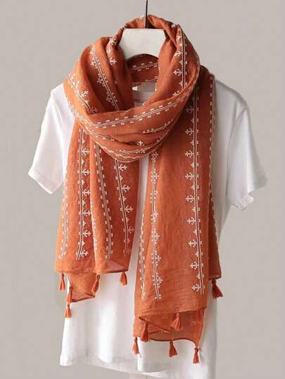 1条女士优雅复古简约花卉条纹图案流苏围巾，适合街头、约会、日常搭配