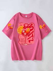 夏季女士休闲圆领短袖T恤，返校季 - 玫紅色 - 查看 3