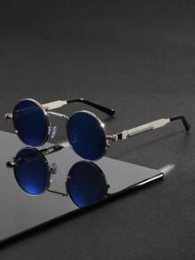 1 par de gafas de moda estilo steampunk redondas de metal para hombres, con diseño de patilla de resorte, adecuadas para deportes al aire libre, ciclismo, conducción, pesca, viajes, vacaciones en la playa - Multicolor - Ver 21