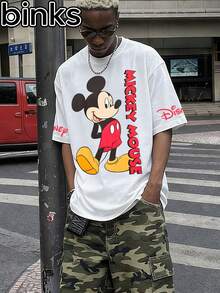 Disney Binks (Double-Sided Printing): A Cartoon Printed Short Sleeved T-Shirt With Mickey Mouse Elements, A Fashionable And Loose Short Sleeved Street T-Shirt. Spring And Summer Fashionable Versatile Tops, Holiday Gifts, Vintage Prints. - White - View 1
