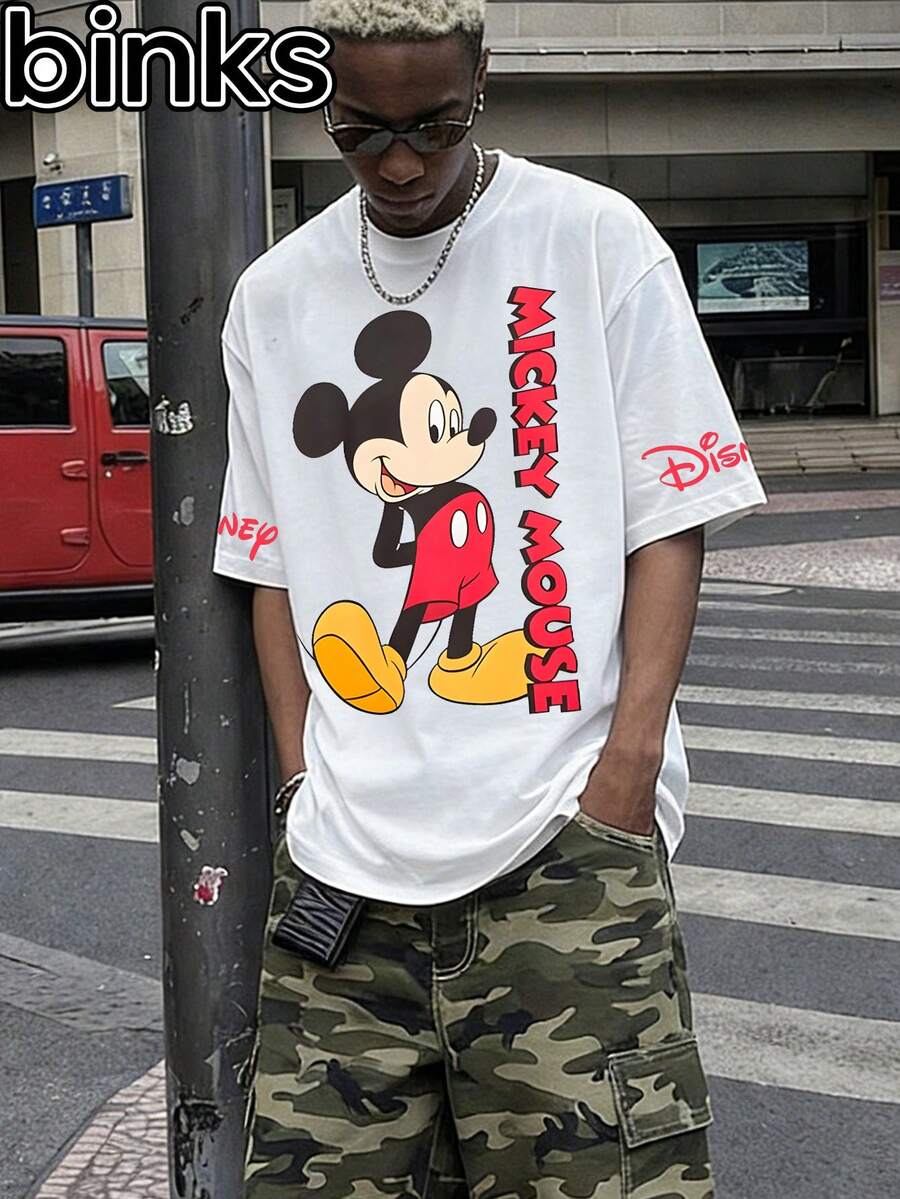 Disney Binks (Double-Sided Printing): A Cartoon Printed Short Sleeved T-Shirt With Mickey Mouse Elements, A Fashionable And Loose Short Sleeved Street T-Shirt. Spring And Summer Fashionable Versatile Tops, Holiday Gifts, Vintage Prints. - White - View 1
