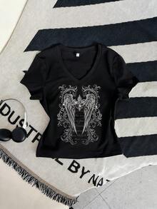 夏季新款简约美式水钻天使翅膀印花休闲V领短袖T恤，时尚百搭女式上衣，黑色 - 黑色 - 查看 2