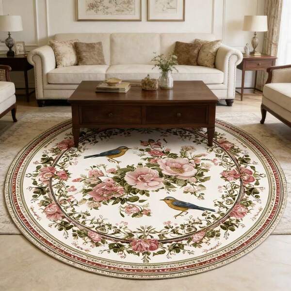 1件装英式玫瑰鸟圆形地毯，田园风格卧室装饰垫，豪华客厅地毯，复古装饰地毯，适用于客厅、卧室、餐厅和玄关等室内场所，装饰地毯，卧室装饰，小地毯，地毯，家居装饰，客厅地毯，客厅小地毯，卧室地毯，客厅家居装饰，户外地毯，可水洗地毯