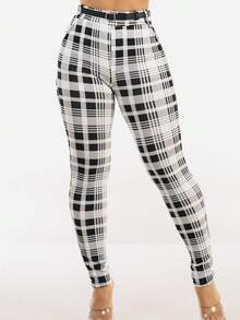 Butt Lift Stretchy Plaid Skinny Ankle Pants White & Black - Nhiều màu - Xem 4
