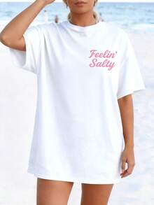 Women's Vintage T-Shirt With Palm Tree And Wave Pattern, Round Neck, Loose Beach Top For Summer, Casual Summer Tops. - White - View 3