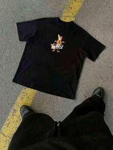 Disney-Crazy Zootopia Nick Fox HUSTLE Theme T-Shirt American Cartoon Fun Printed Short Sleeved Men's And Women's Couple's Loose Round Neck Top - 黑色 - 查看 4