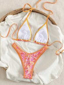 PEPPERMOLLY Bộ bikini in hoa màu cam và hồng rực rỡ - Bộ đồ bơi 2 mảnh dành cho nữ với viền sọc và điểm nhấn màu vàng, hoàn hảo cho kỳ nghỉ biển nhiệt đới và bơi lội mùa hè. - màu cam hồng - Xem 3