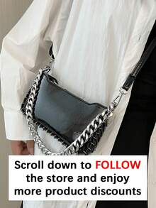 Classic Fashion Personalized Chain Shoulder Bag, Minimalist Versatile, Solid Color Elegant Exotic Style, Lightweight Adjustable Strap, Crossbody Bag, Suitable For Street Photography, Gatherings, Work Commute And Shopping. - Black - View 2